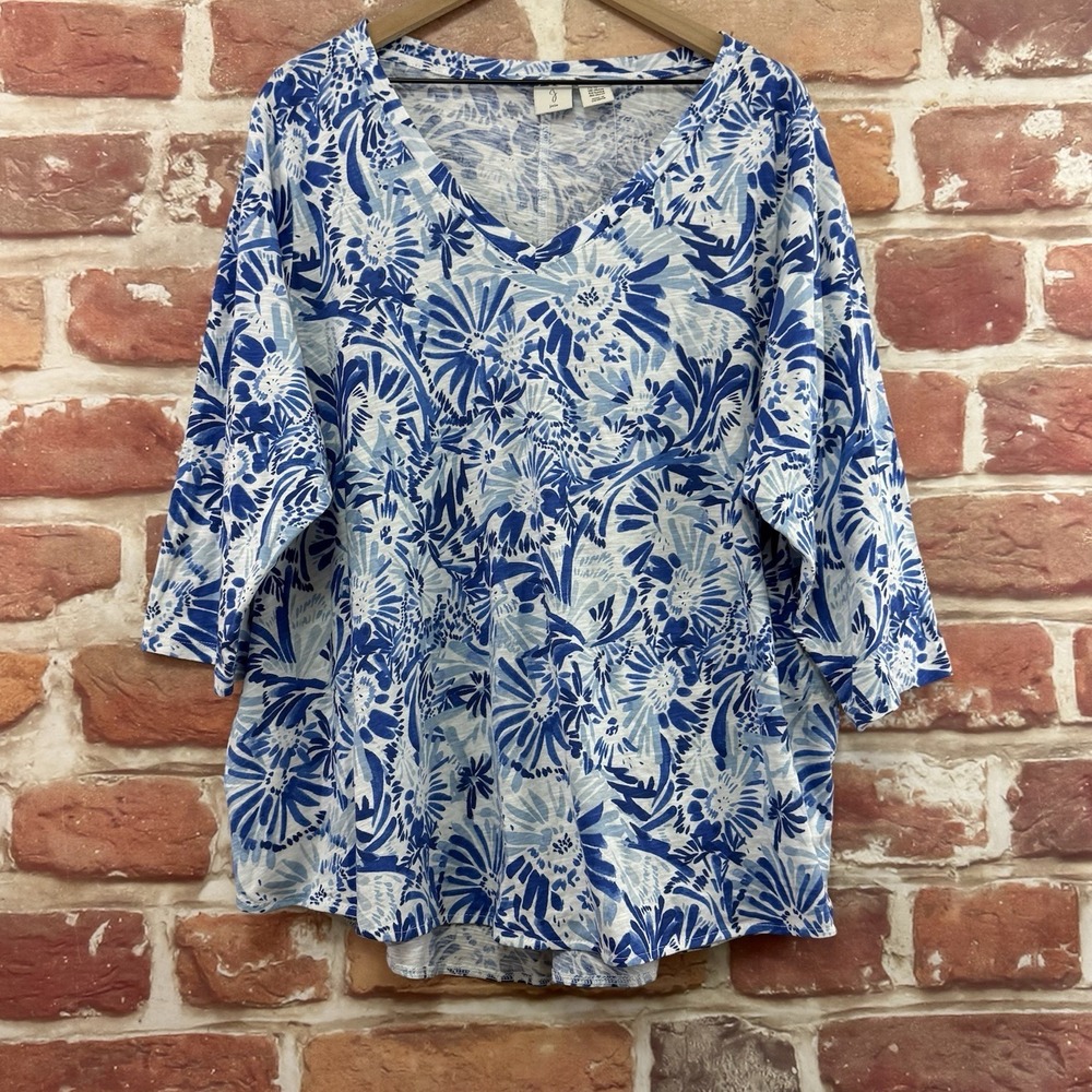 Joie T Shirt Women's 3X Blue White Floral Abstract Slubbed Casual Everyday Top